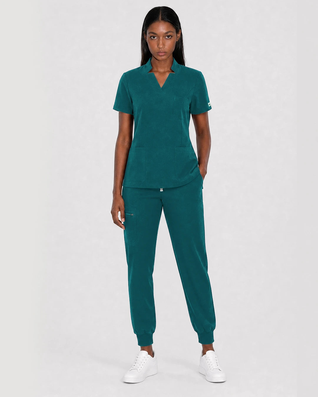 Dark Green Eipnare Women's Split V-Neck Cargo Jogger Scrub Set - Stretch Medical Scrubs for Women