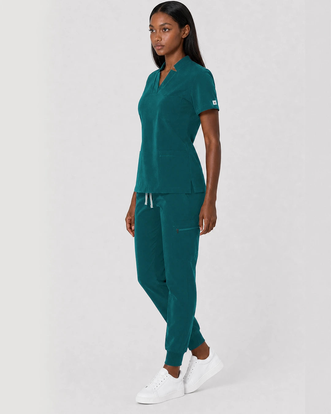 Dark Green Eipnare Women's Split V-Neck Cargo Jogger Scrub Set - Stretch Medical Scrubs for Women