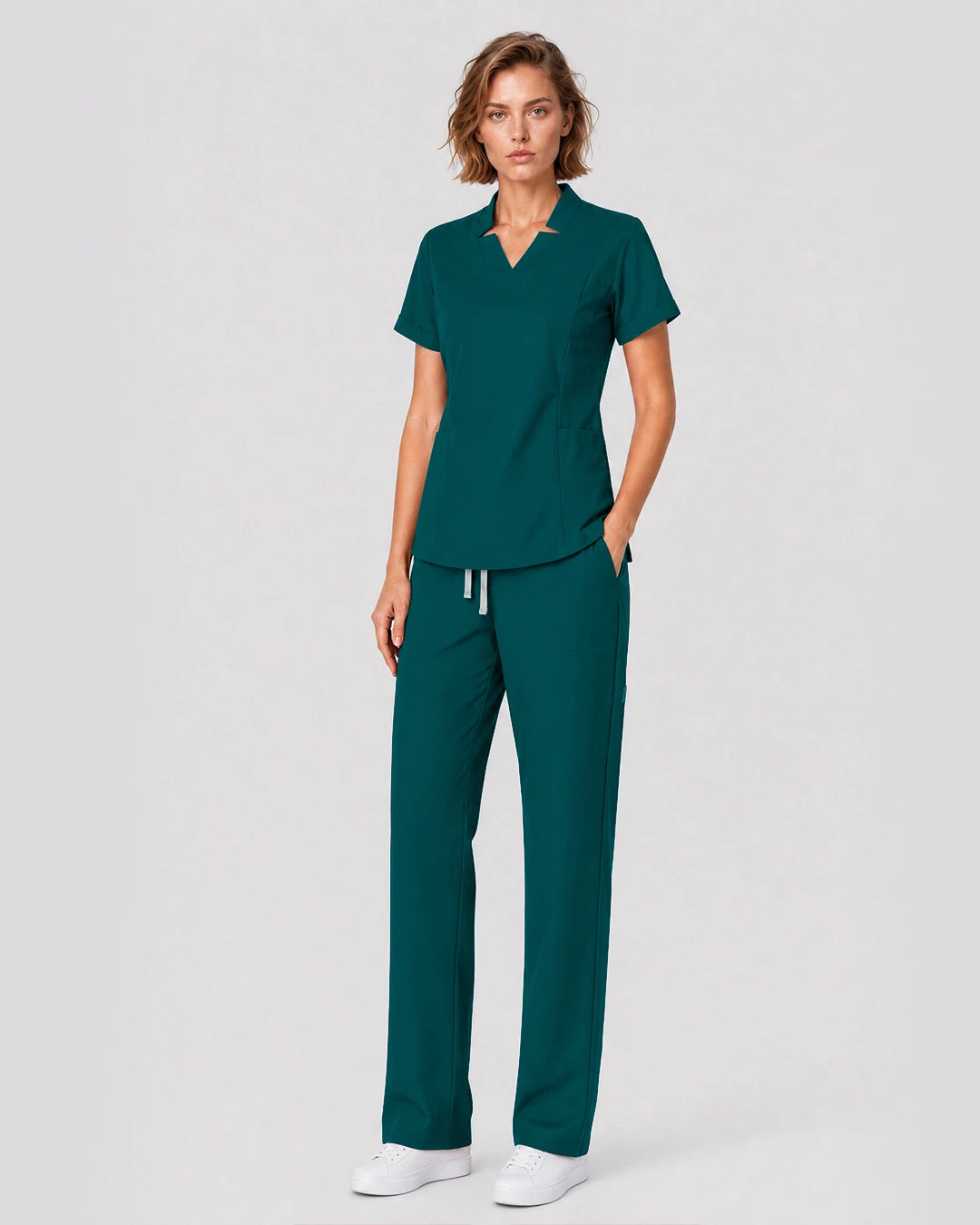 Dark Green Eipnare Women's Split V-Neck Tapered Scrub Set - Stretch Medical Scrubs for Women