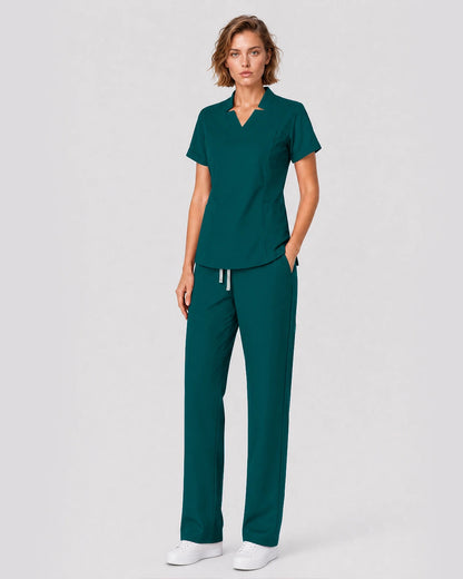 Dark Green Eipnare Women's Split V-Neck Tapered Scrub Set - Stretch Medical Scrubs for Women