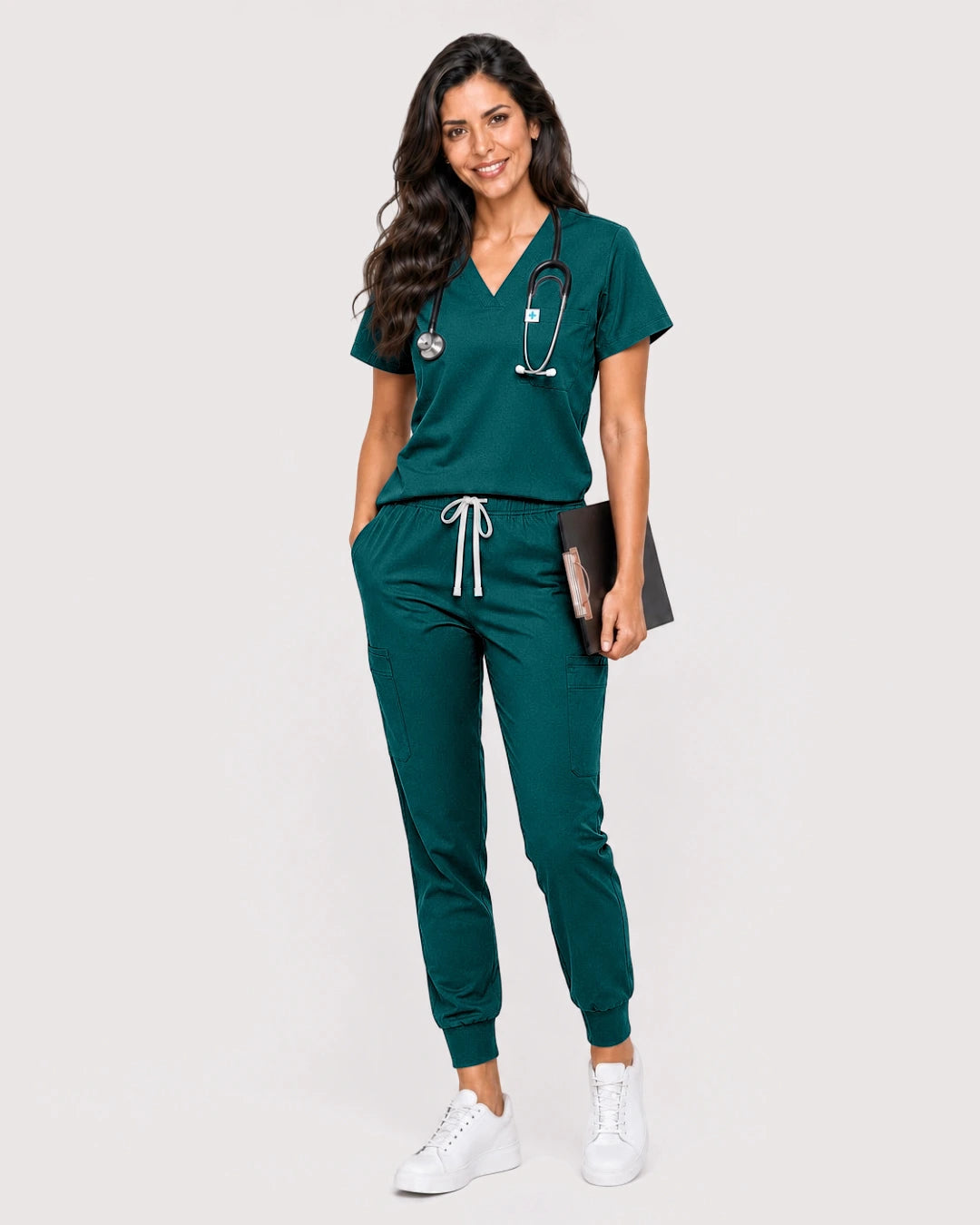 Dark Green Eipnare Women's Knit V-Neck Jogger Scrub Set - Stretch Medical Scrubs for Women