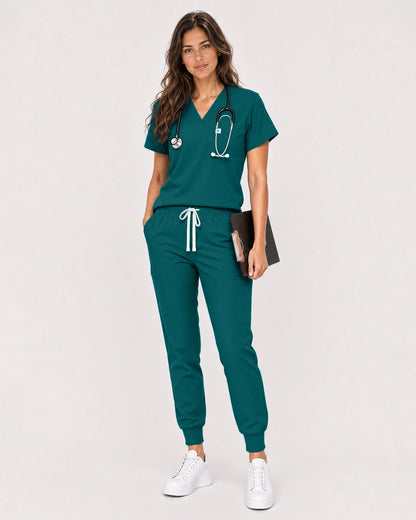 Dark Green Eipnare Women's Classic V-Neck Jogger Scrub Set - Stretch Medical Scrubs for Women