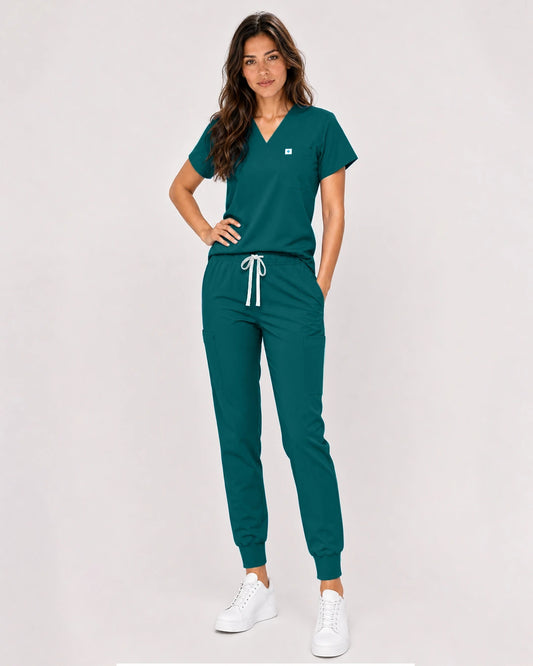 Dark Green Eipnare Women's Classic V-Neck Jogger Scrub Set - Stretch Medical Scrubs for Women