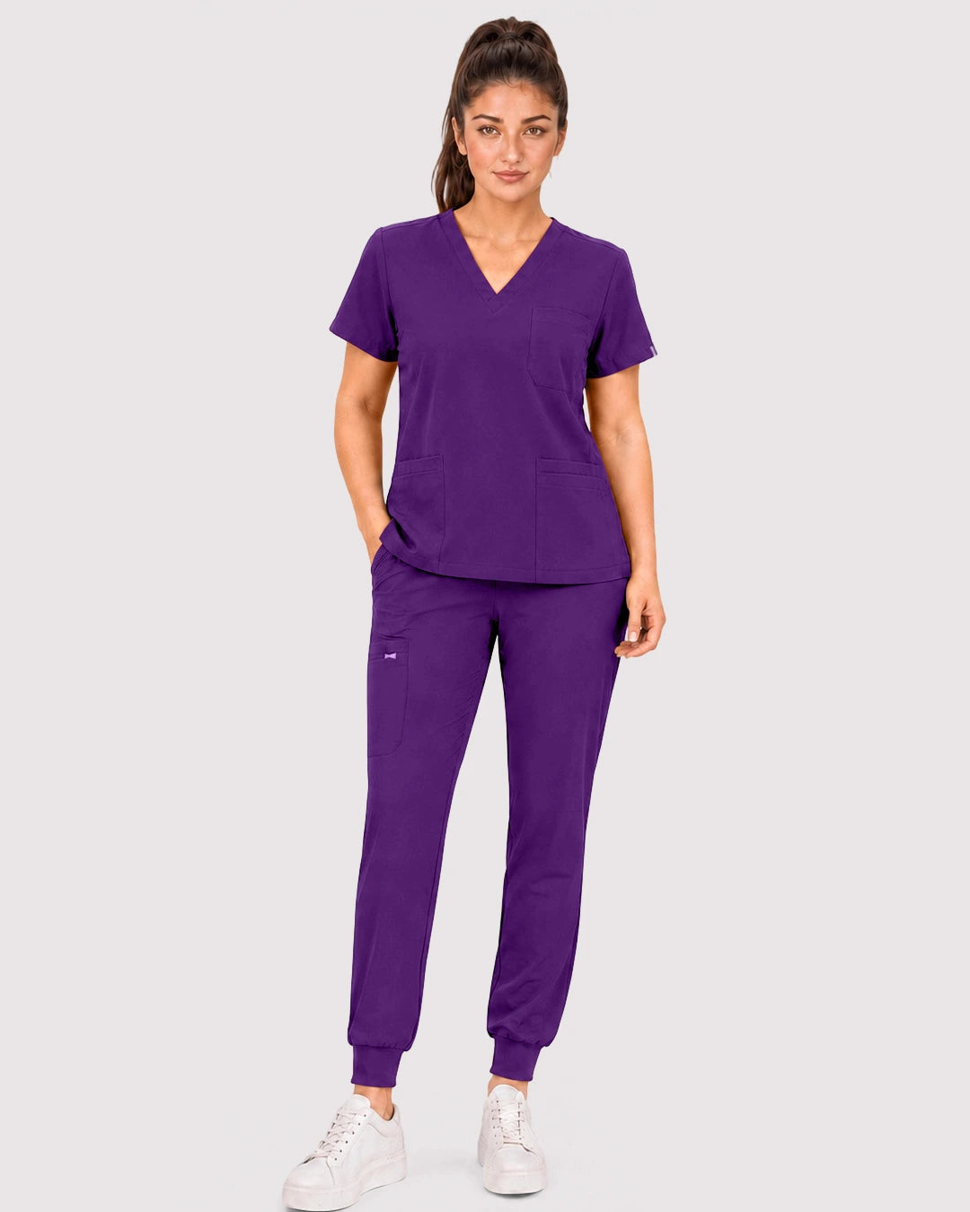 Dark Purple Eipnare Women's 3-Pocket V-Neck Jogger Scrub Set - Stretch Medical Scrubs for Women