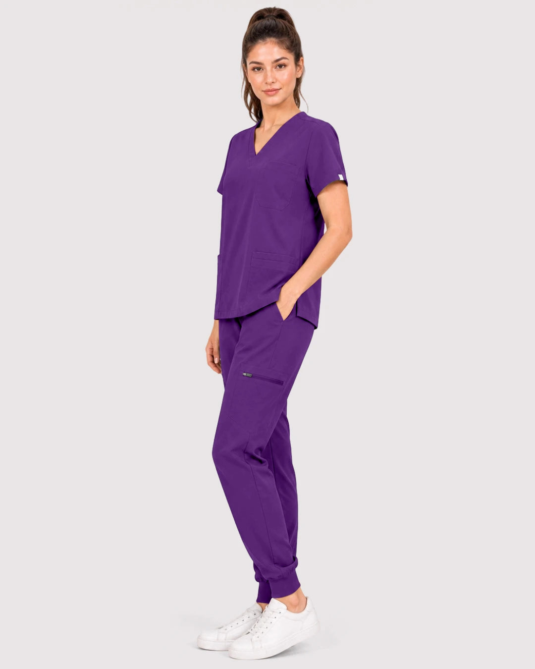 Dark Purple Eipnare Women's 3-Pocket V-Neck Jogger Scrub Set - Stretch Medical Scrubs for Women