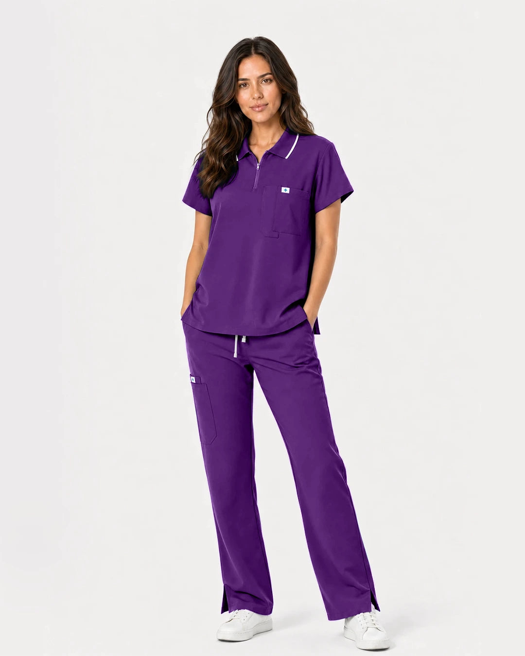 Dark Purple Eipnare Women's Zip Polo Straight-Leg Scrub Set - Stretch Medical Scrubs for Women