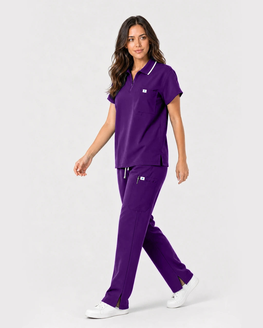 Dark Purple Eipnare Women's Zip Polo Straight-Leg Scrub Set - Stretch Medical Scrubs for Women