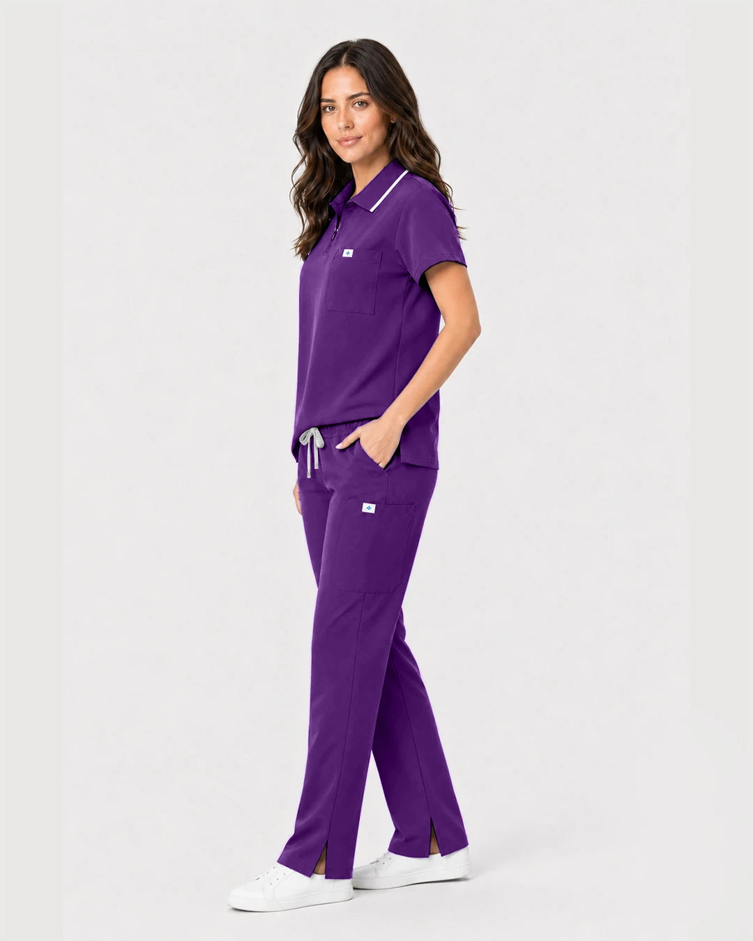 Dark Purple Eipnare Women's Zip Polo Straight-Leg Scrub Set - Stretch Medical Scrubs for Women