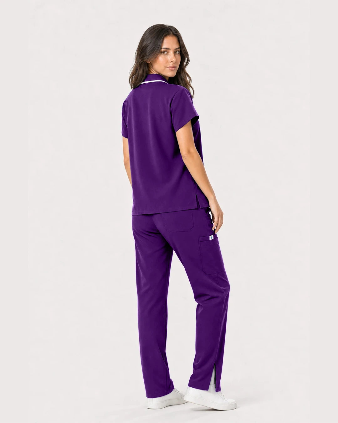 Dark Purple Eipnare Women's Zip Polo Straight-Leg Scrub Set - Stretch Medical Scrubs for Women