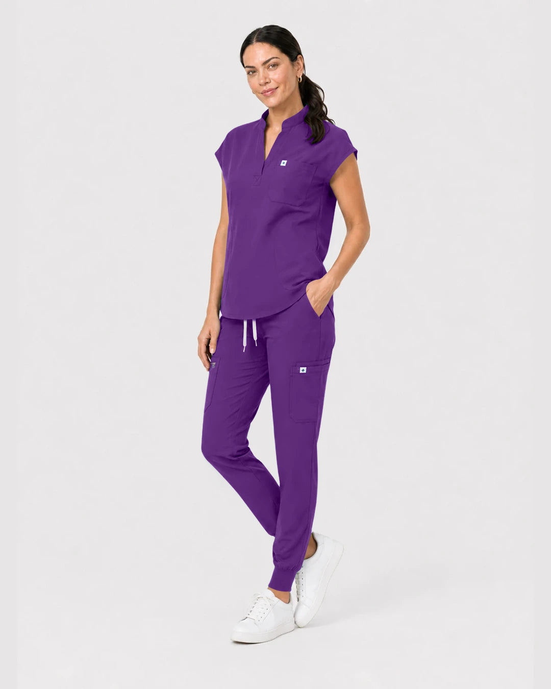 Dark Purple Eipnare Women's Henley Sleeveless Jogger Scrub Set - Stretch Medical Scrubs for Women