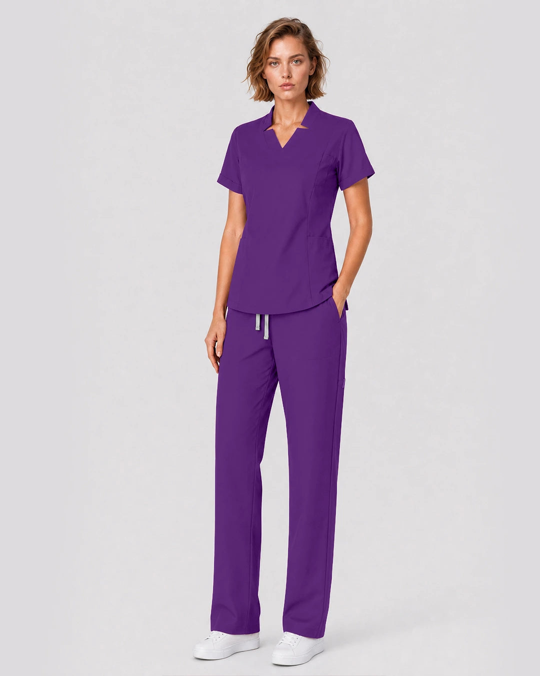 Dark Purple Eipnare Women's Split V-Neck Tapered Scrub Set - Stretch Medical Scrubs for Women
