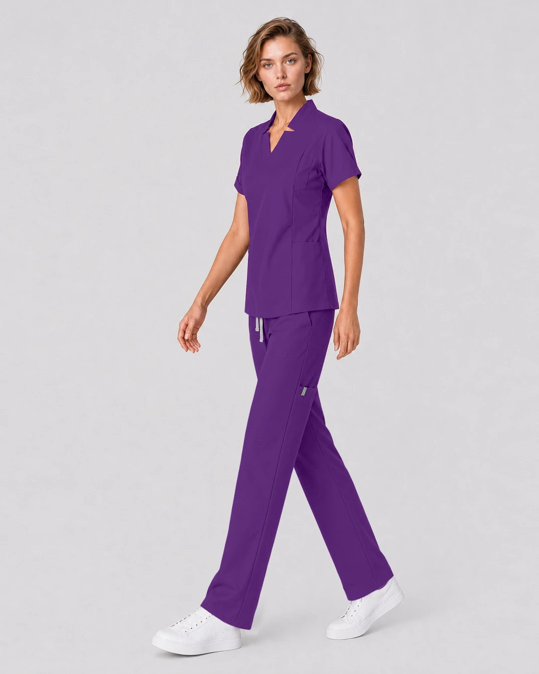 Dark Purple Eipnare Women's Split V-Neck Tapered Scrub Set - Stretch Medical Scrubs for Women