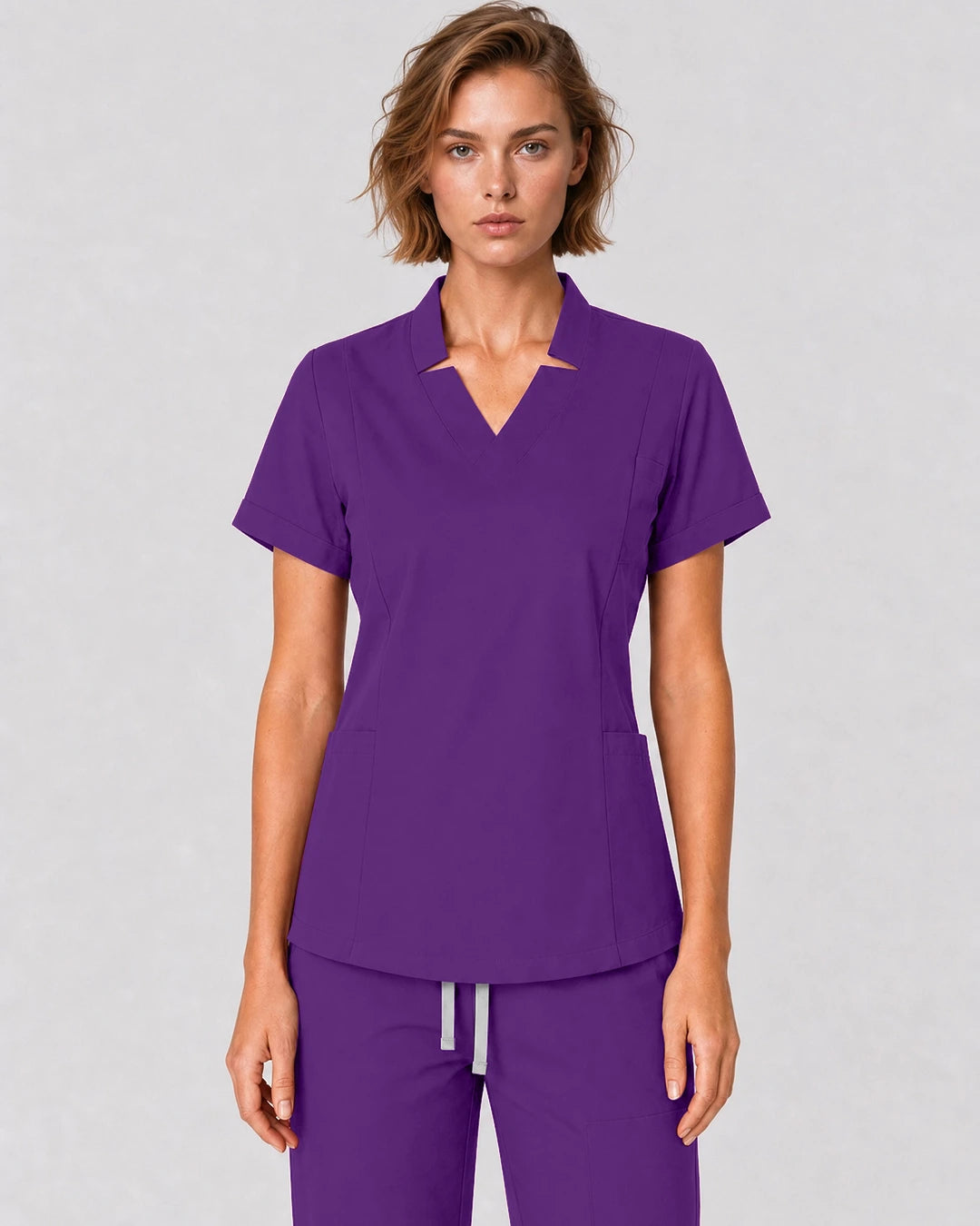 Dark Purple Eipnare Women's Split V-Neck Tapered Scrub Set - Stretch Medical Scrubs for Women