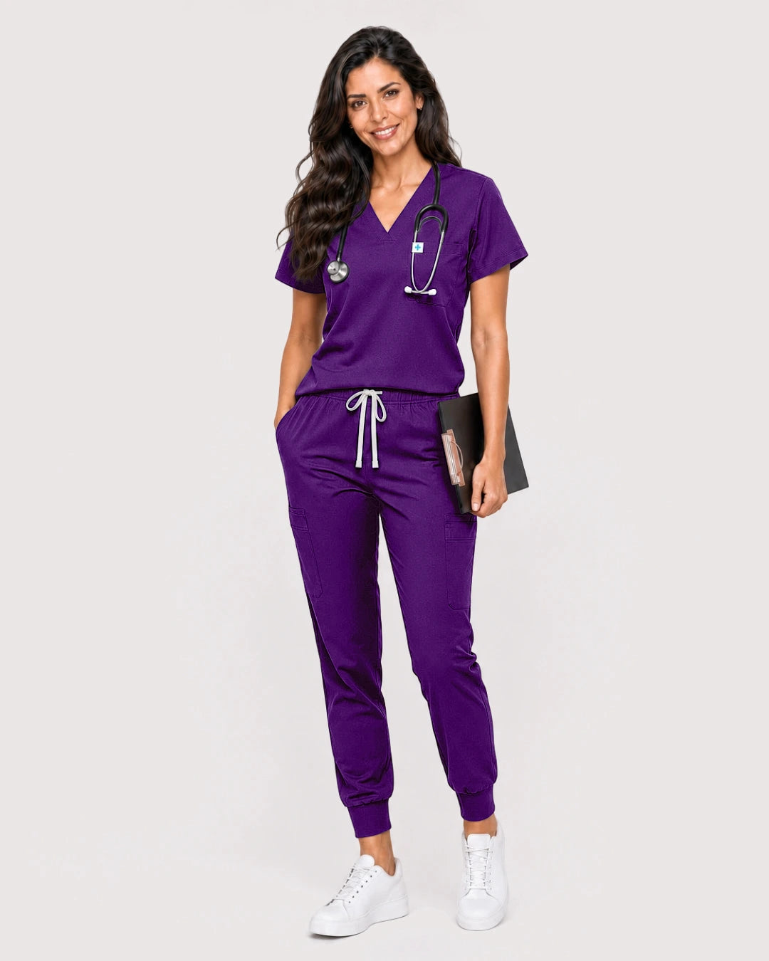 Dark Purple Eipnare Women's Knit V-Neck Jogger Scrub Set - Stretch Medical Scrubs for Women