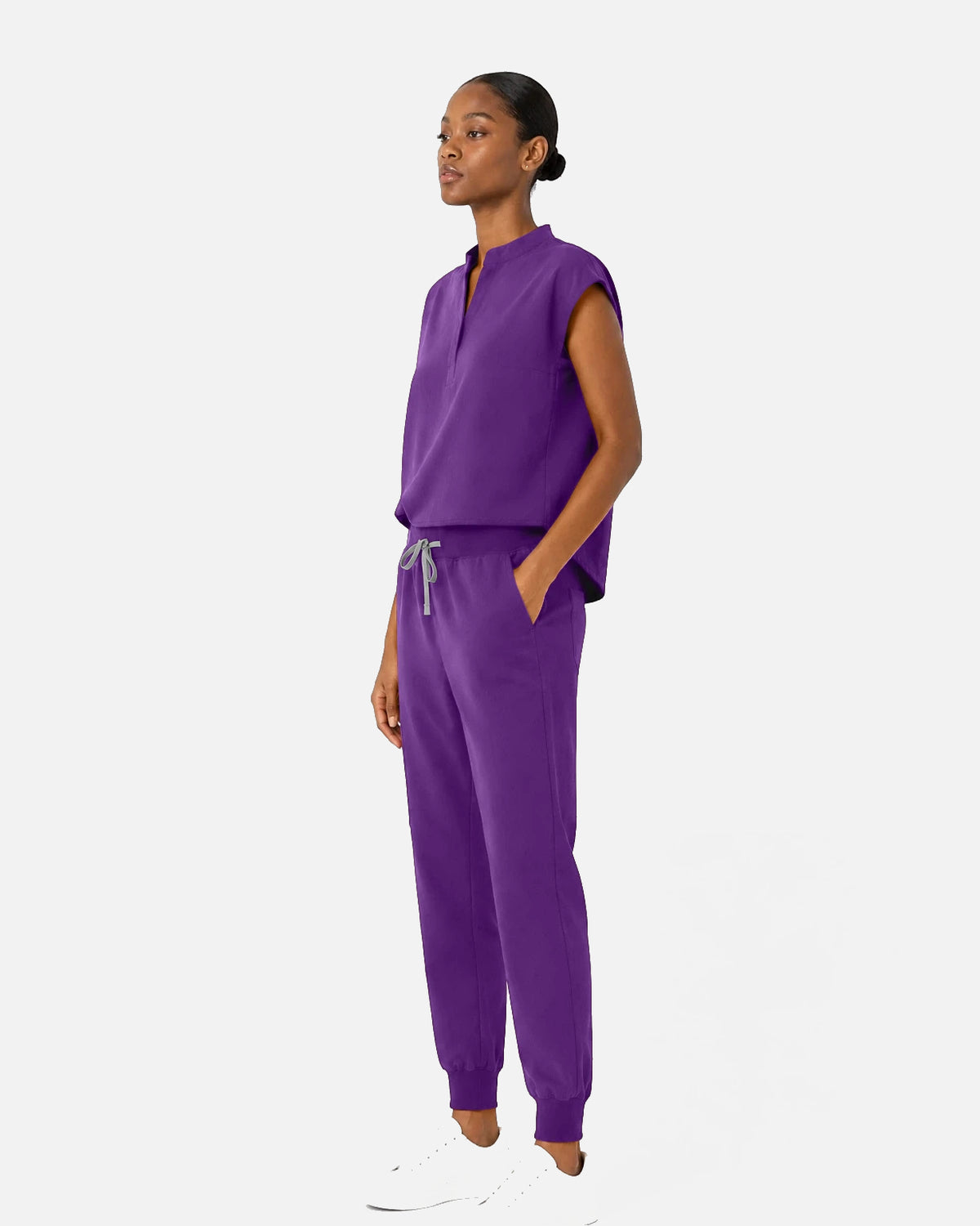 Purple – Eipnare Women's Sleeveless Mandarin Collar Jogger Uniform Set – product image 02