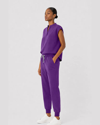 Dark Purple Eipnare Women's Sleeveless Mandarin Collar Jogger Scrub Set - Stretch Medical Scrubs for Women