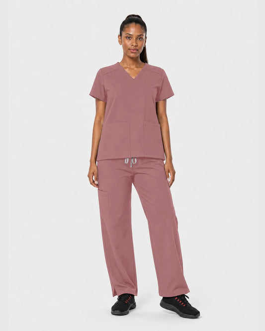 Flesh Pink Eipnare Women's Woven V-Neck Straight-Leg Scrub Set - Stretch Medical Scrubs for Women