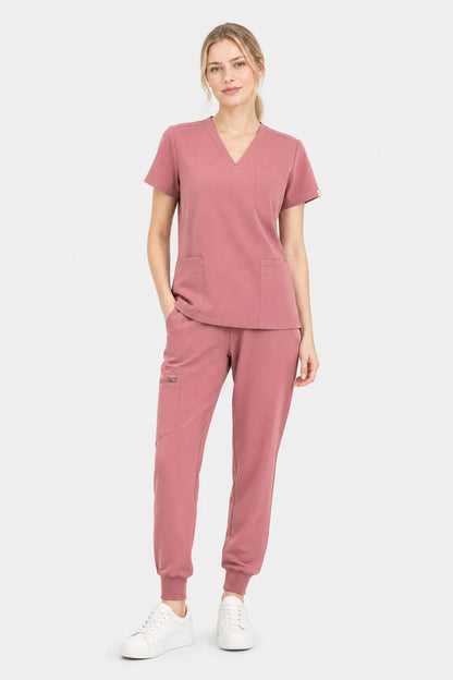 Flesh Pink Eipnare Women's V-Neck 8-Pocket Jogger Scrub Set - Stretch Medical Scrubs for Women