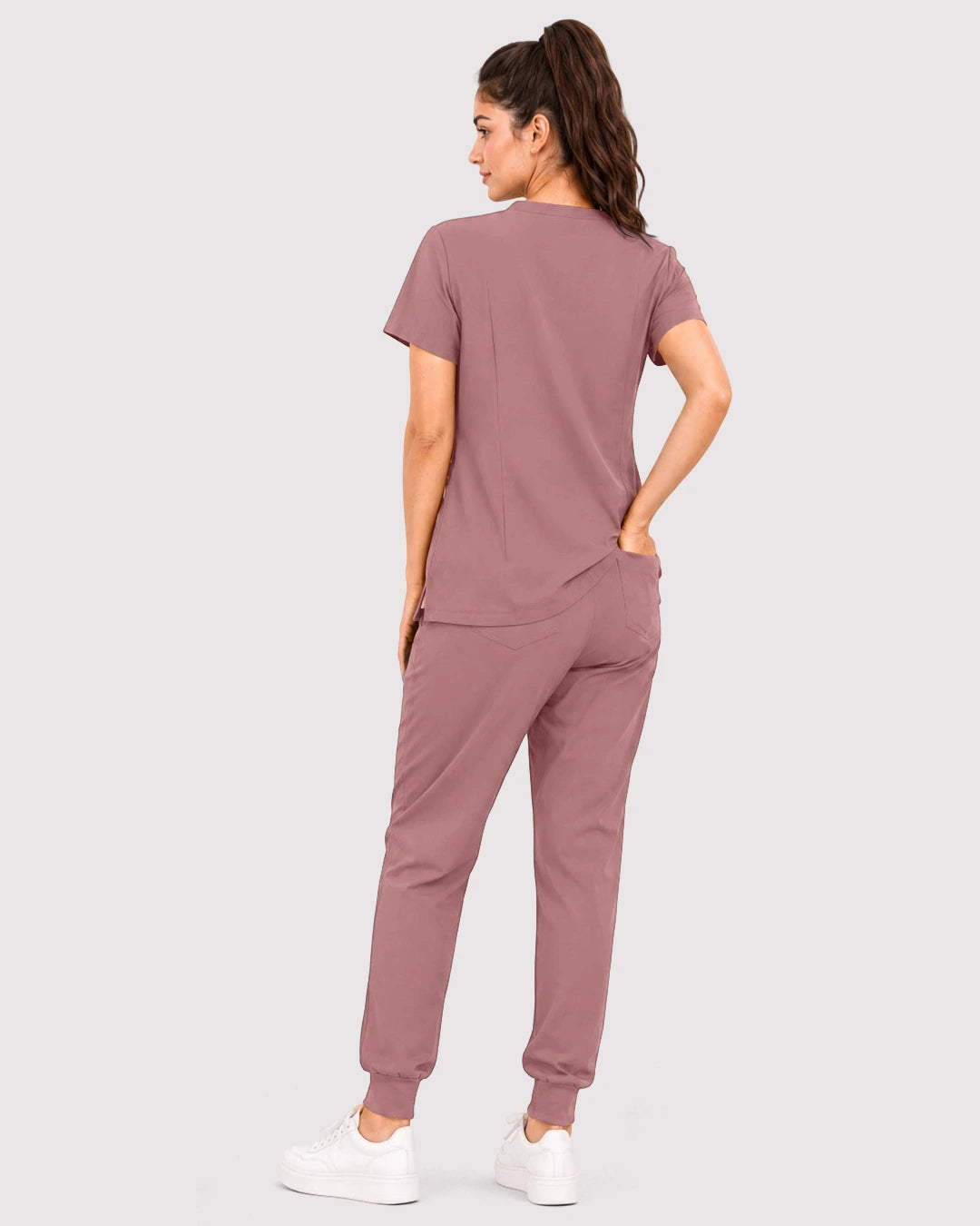 Flesh Pink Eipnare Women's 3-Pocket V-Neck Jogger Scrub Set - Stretch Medical Scrubs for Women