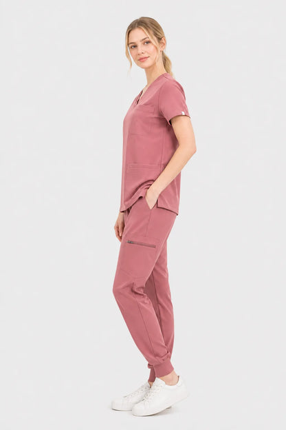 Flesh Pink Eipnare Women's V-Neck 8-Pocket Jogger Scrub Set - Stretch Medical Scrubs for Women