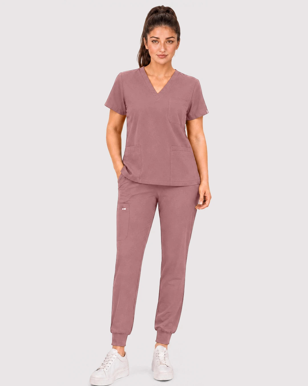Flesh Pink Eipnare Women's 3-Pocket V-Neck Jogger Scrub Set - Stretch Medical Scrubs for Women