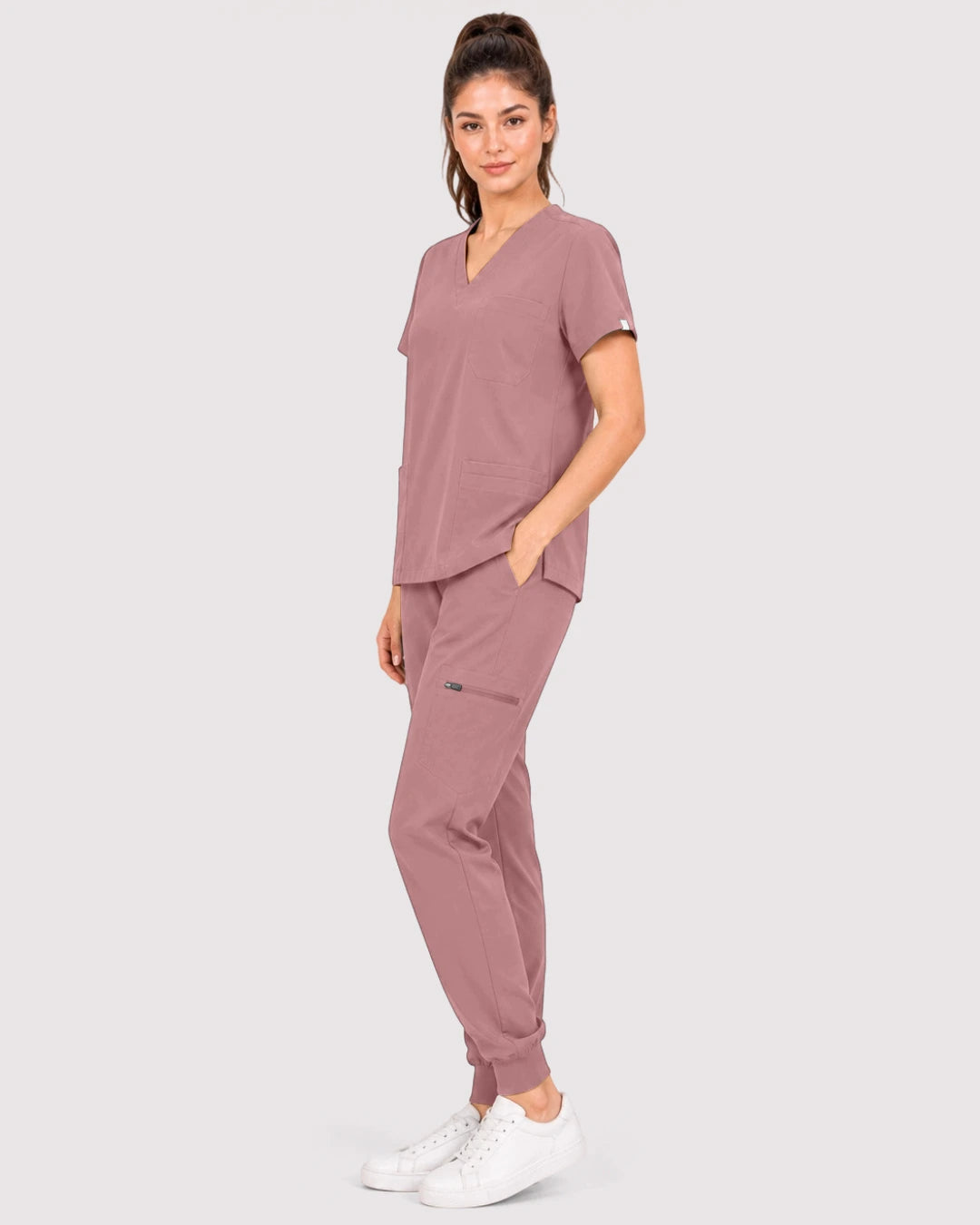 Flesh Pink Eipnare Women's 3-Pocket V-Neck Jogger Scrub Set - Stretch Medical Scrubs for Women