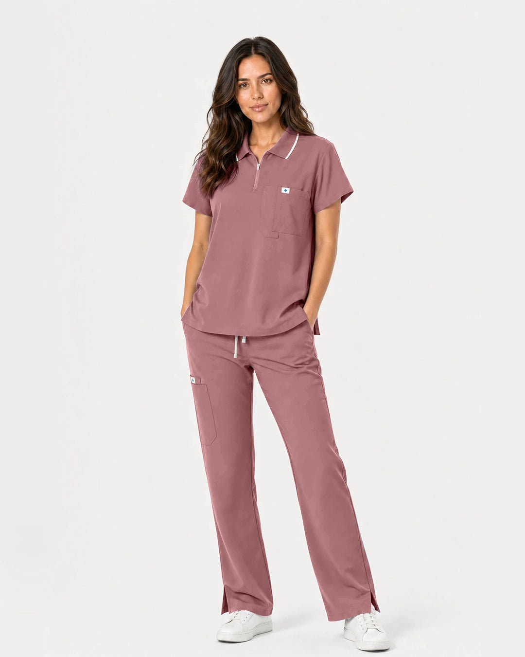 Flesh Pink Eipnare Women's Zip Polo Straight-Leg Scrub Set - Stretch Medical Scrubs for Women