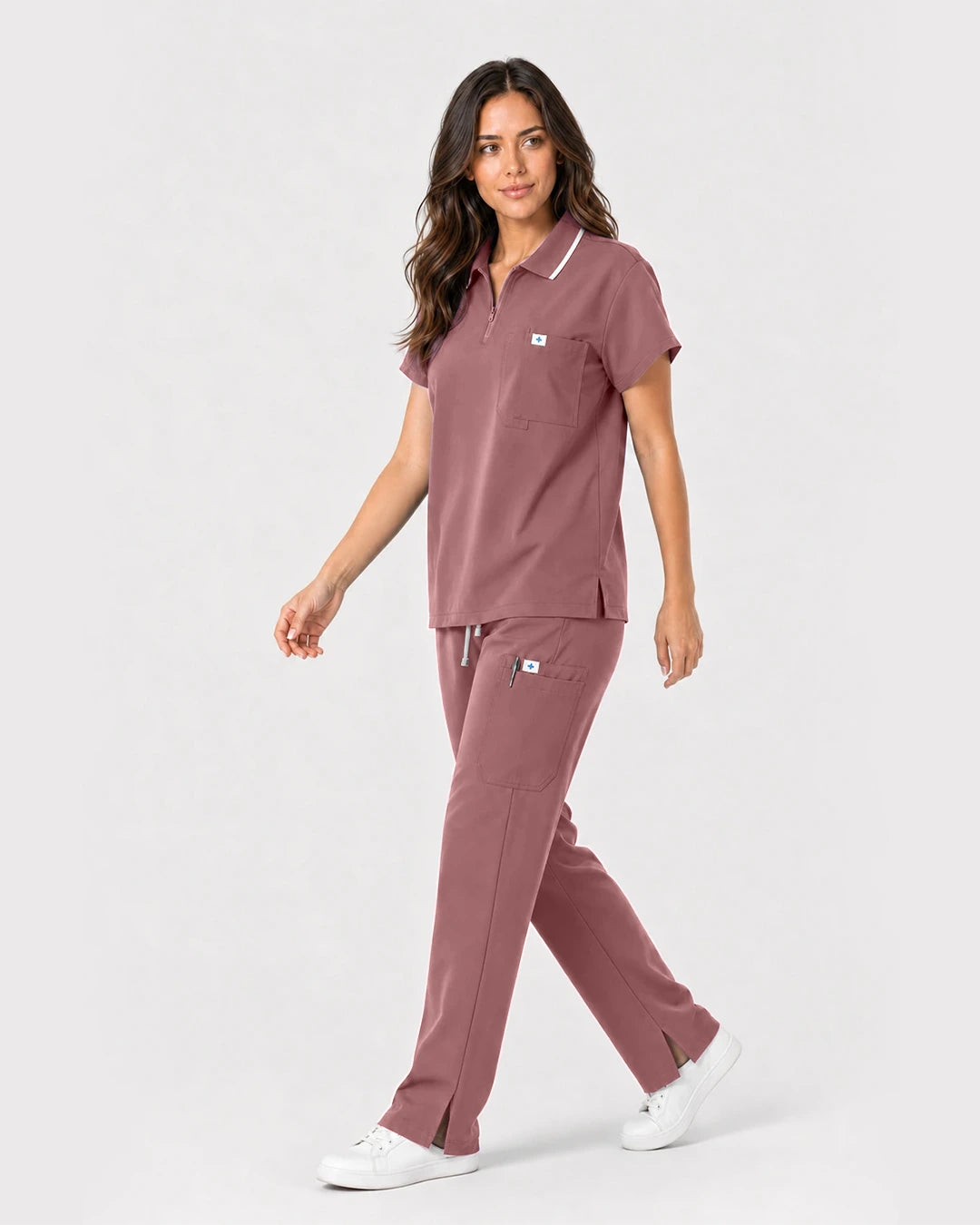 Flesh Pink Eipnare Women's Zip Polo Straight-Leg Scrub Set - Stretch Medical Scrubs for Women