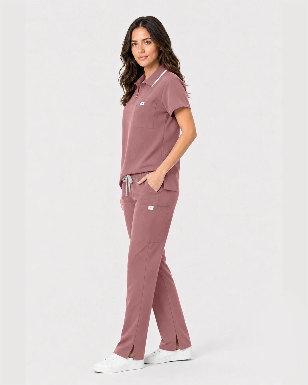 Flesh Pink Eipnare Women's Zip Polo Straight-Leg Scrub Set - Stretch Medical Scrubs for Women