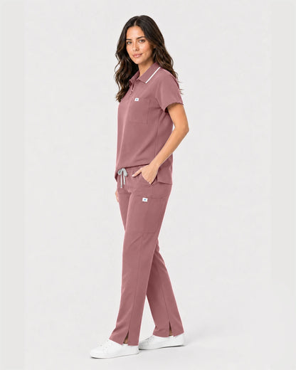 Flesh Pink Eipnare Women's Zip Polo Straight-Leg Scrub Set - Stretch Medical Scrubs for Women
