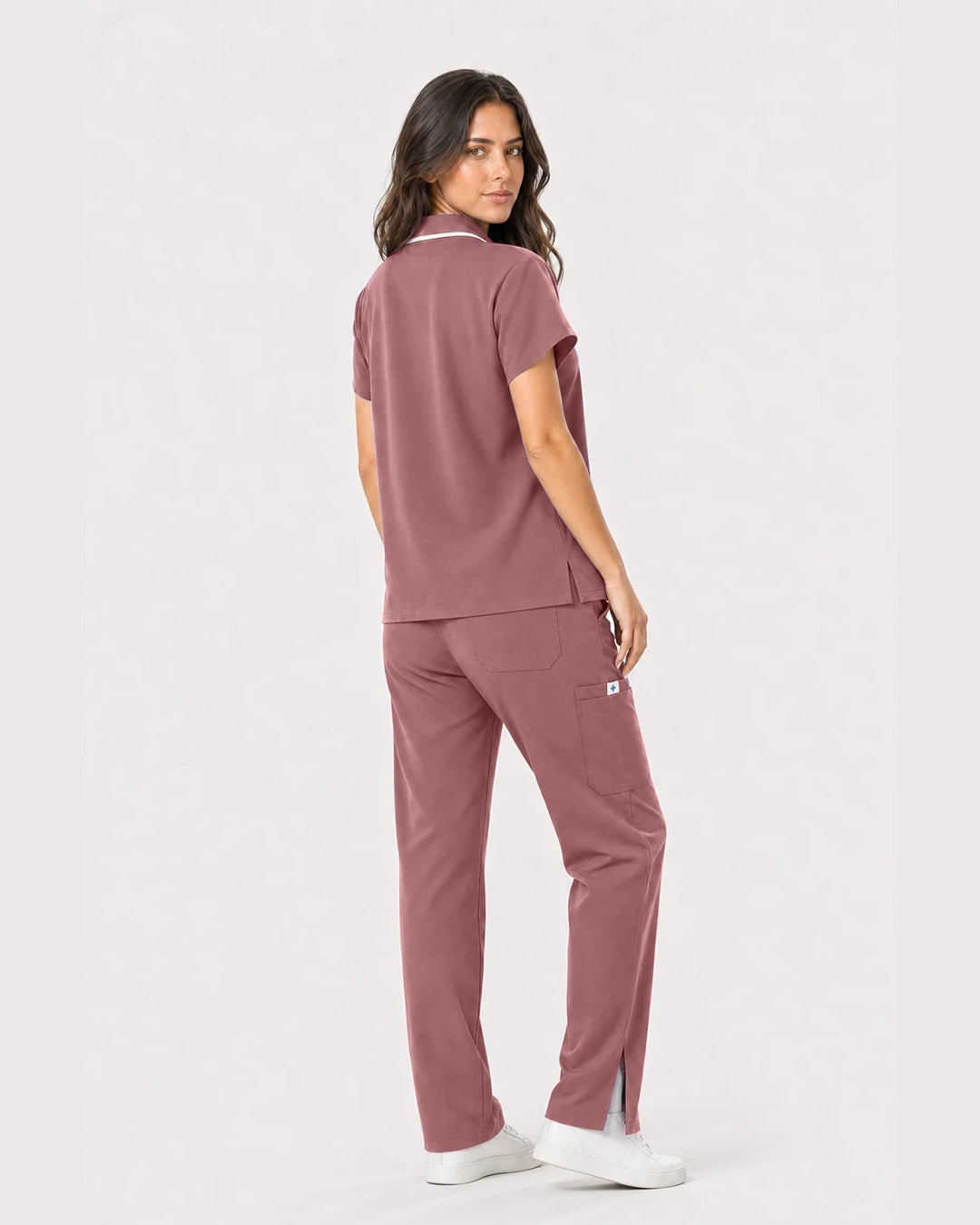 Flesh Pink Eipnare Women's Zip Polo Straight-Leg Scrub Set - Stretch Medical Scrubs for Women