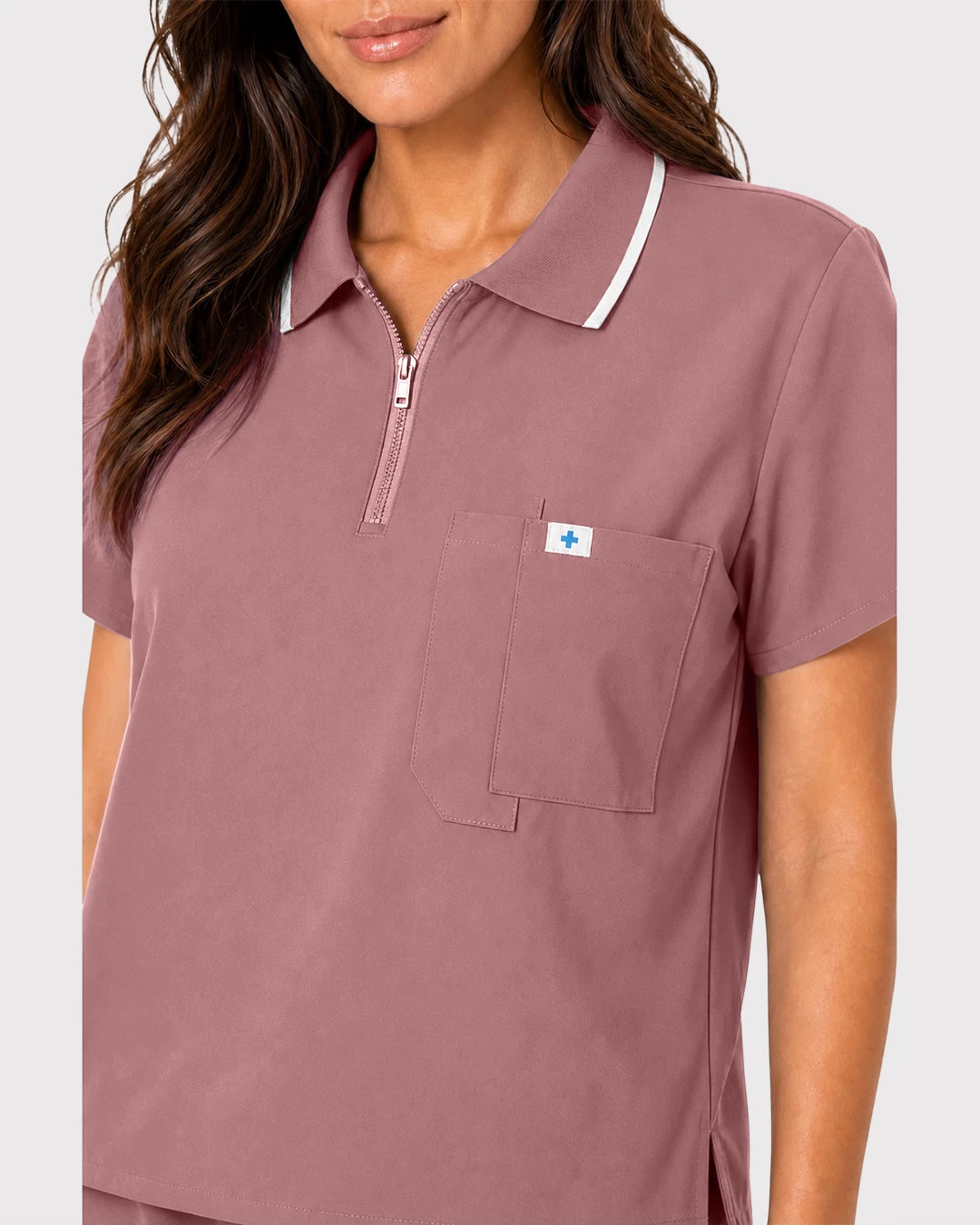 Flesh Pink Eipnare Women's Zip Polo Straight-Leg Scrub Set - Stretch Medical Scrubs for Women