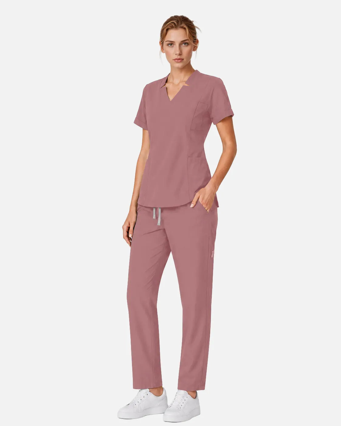 Flesh Pink Eipnare Women's Split V-Neck Tapered Scrub Set - Stretch Medical Scrubs for Women