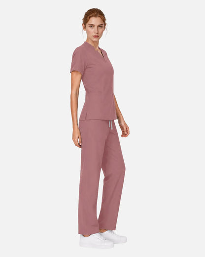 Flesh Pink Eipnare Women's Split V-Neck Tapered Scrub Set - Stretch Medical Scrubs for Women