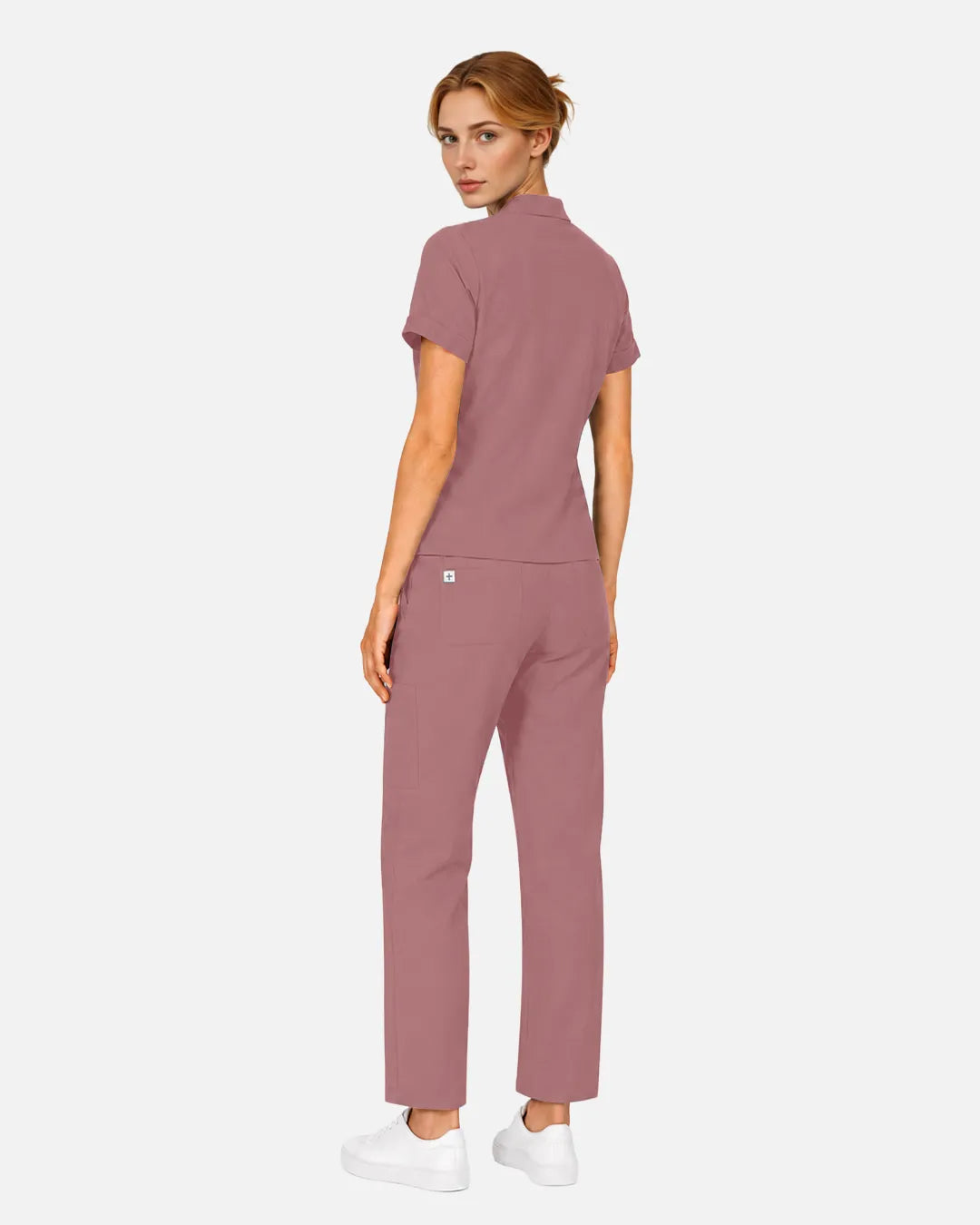Flesh Pink Eipnare Women's Split V-Neck Tapered Scrub Set - Stretch Medical Scrubs for Women