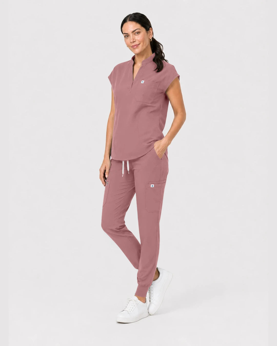 Flesh Pink Eipnare Women's Henley Sleeveless Jogger Scrub Set - Stretch Medical Scrubs for Women