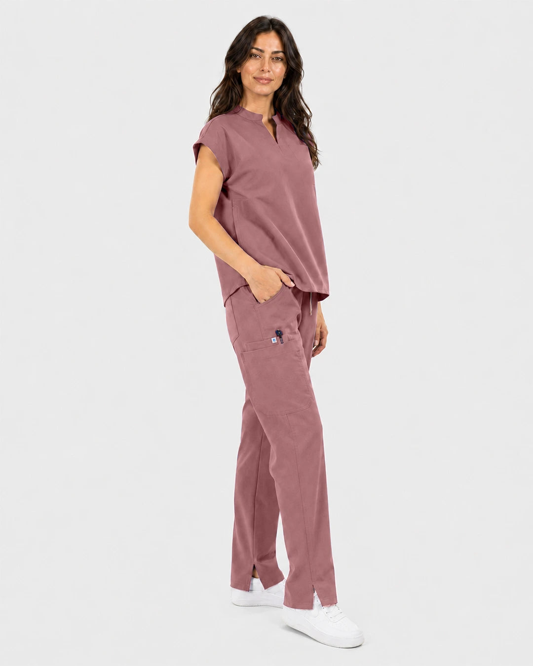 Flesh Pink Eipnare Women's Mandarin Sleeveless Straight-Leg Scrub Set - Stretch Medical Scrubs for Women