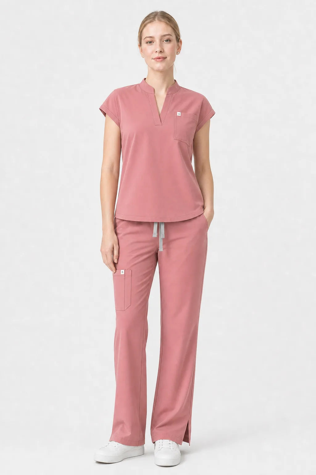 Flesh Pink Eipnare Women's Henley Sleeveless Straight-Leg Scrub Set - Stretch Medical Scrubs for Women