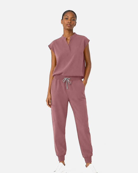 Eipnare Women's Sleeveless Mandarin Collar Jogger Uniform Set - Flesh Pink