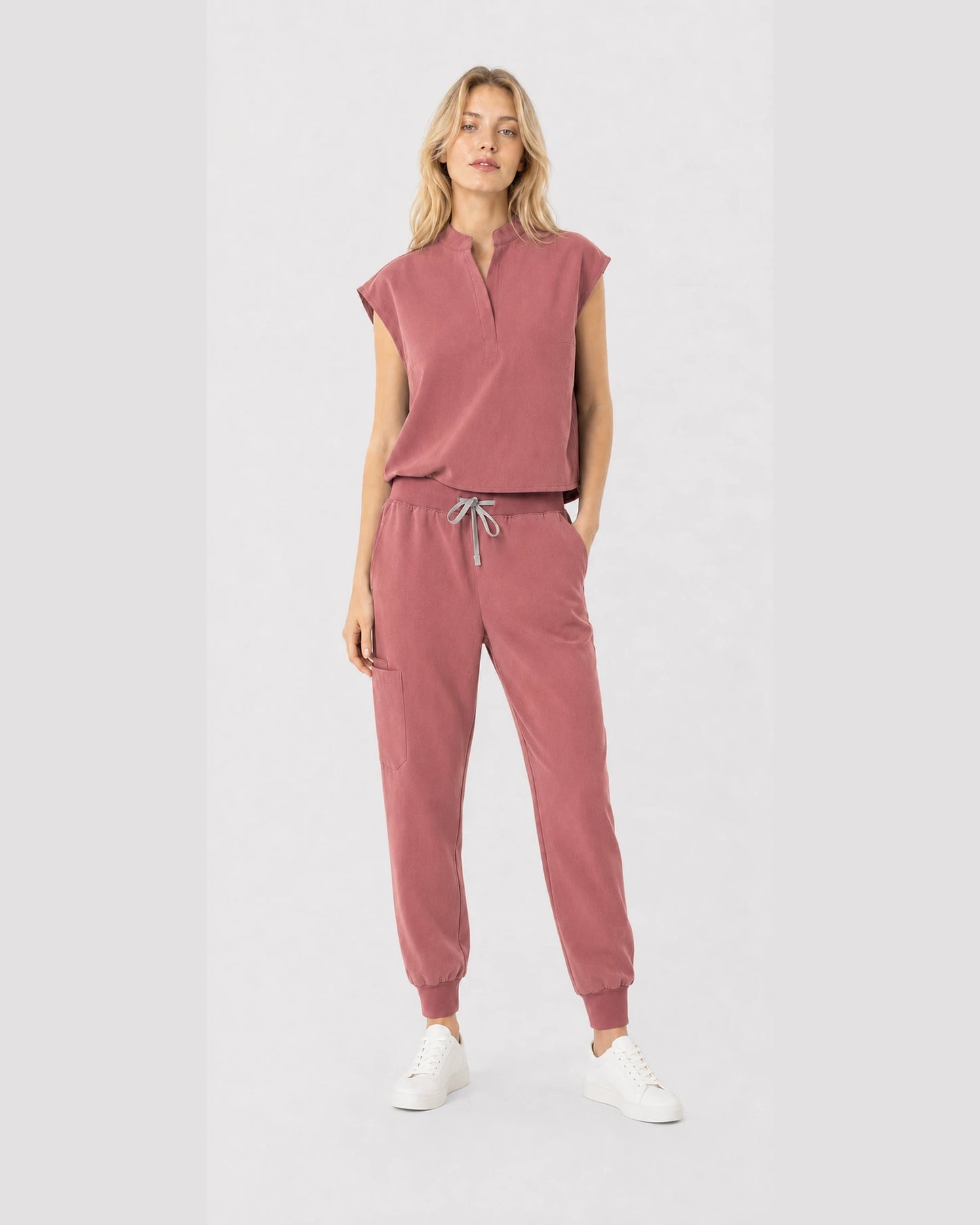 Flesh Pink Eipnare Women's Sleeveless Mandarin Collar Jogger Scrub Set - Stretch Medical Scrubs for Women