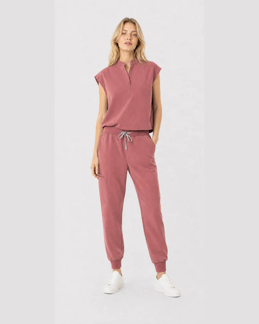 Flesh Pink Eipnare Women's Sleeveless Mandarin Collar Jogger Scrub Set - Stretch Medical Scrubs for Women