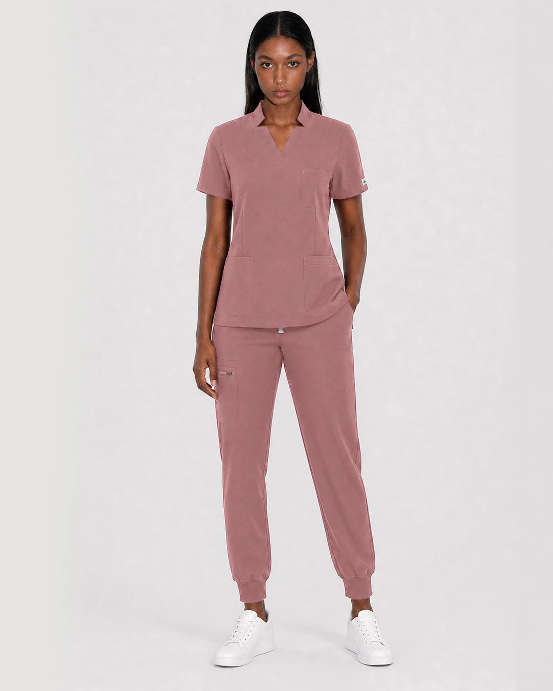 Flesh Pink Eipnare Women's Split V-Neck Cargo Jogger Scrub Set - Stretch Medical Scrubs for Women