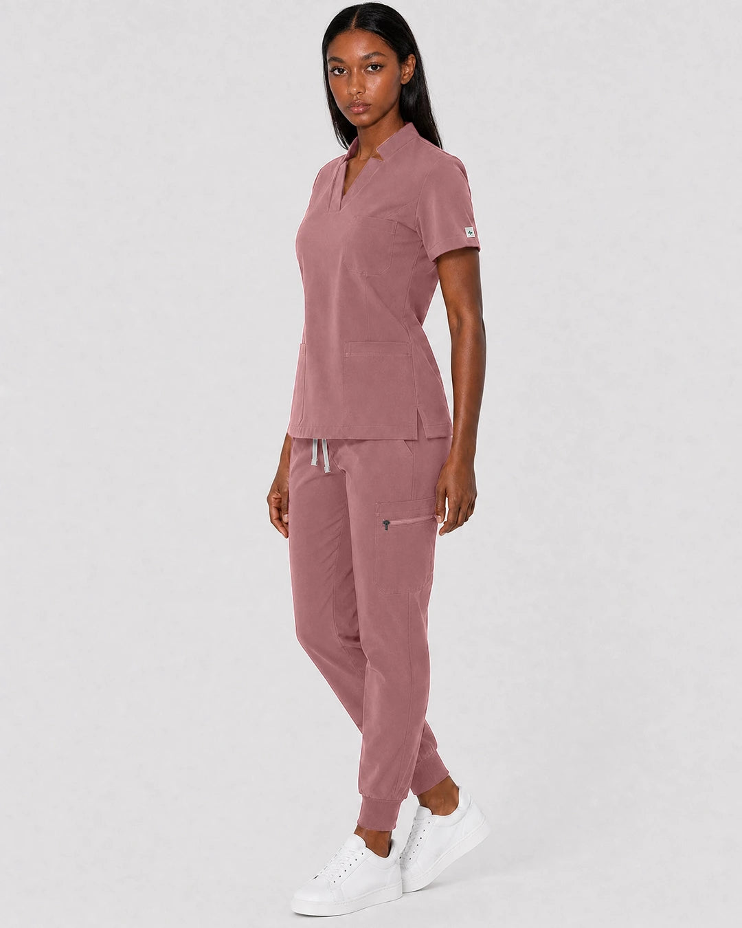 Flesh Pink Eipnare Women's Split V-Neck Cargo Jogger Scrub Set - Stretch Medical Scrubs for Women