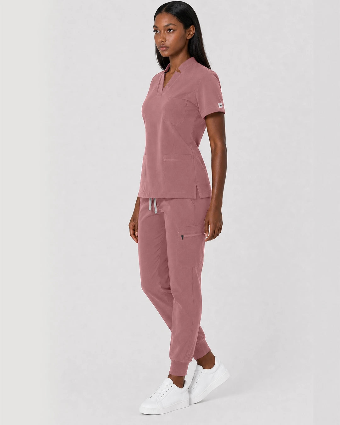 Flesh Pink Eipnare Women's Split V-Neck Cargo Jogger Scrub Set - Stretch Medical Scrubs for Women