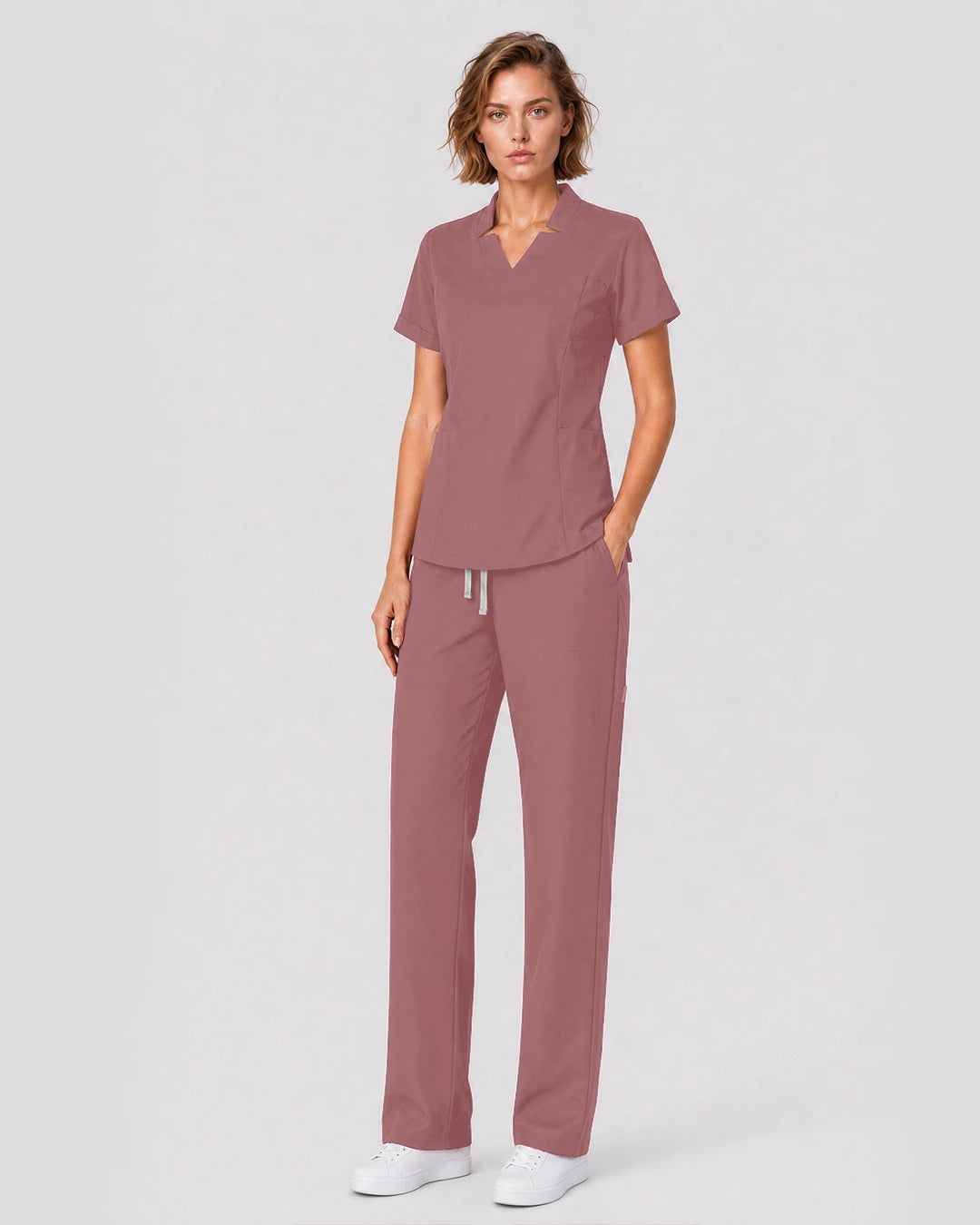 Flesh Pink Eipnare Women's Split V-Neck Tapered Scrub Set - Stretch Medical Scrubs for Women
