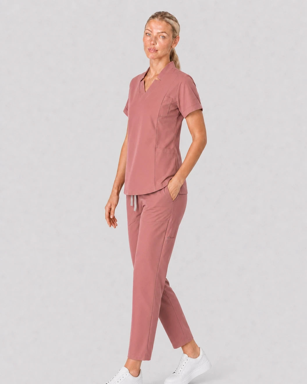 Flesh Pink Eipnare Women's V-Neck Split 9-Pocket Slim Fit Scrub Set - Stretch Medical Scrubs for Women