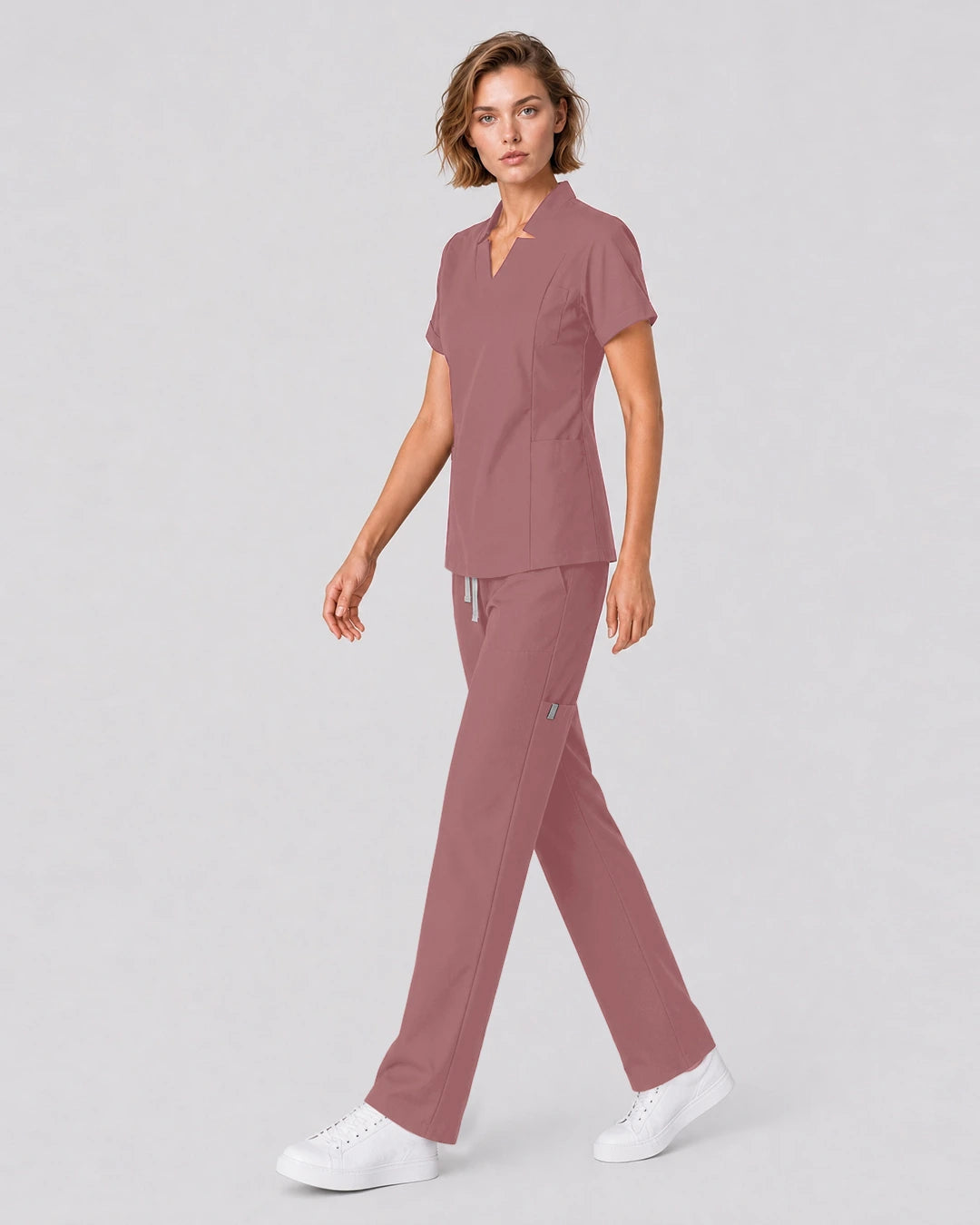 Flesh Pink Eipnare Women's Split V-Neck Tapered Scrub Set - Stretch Medical Scrubs for Women