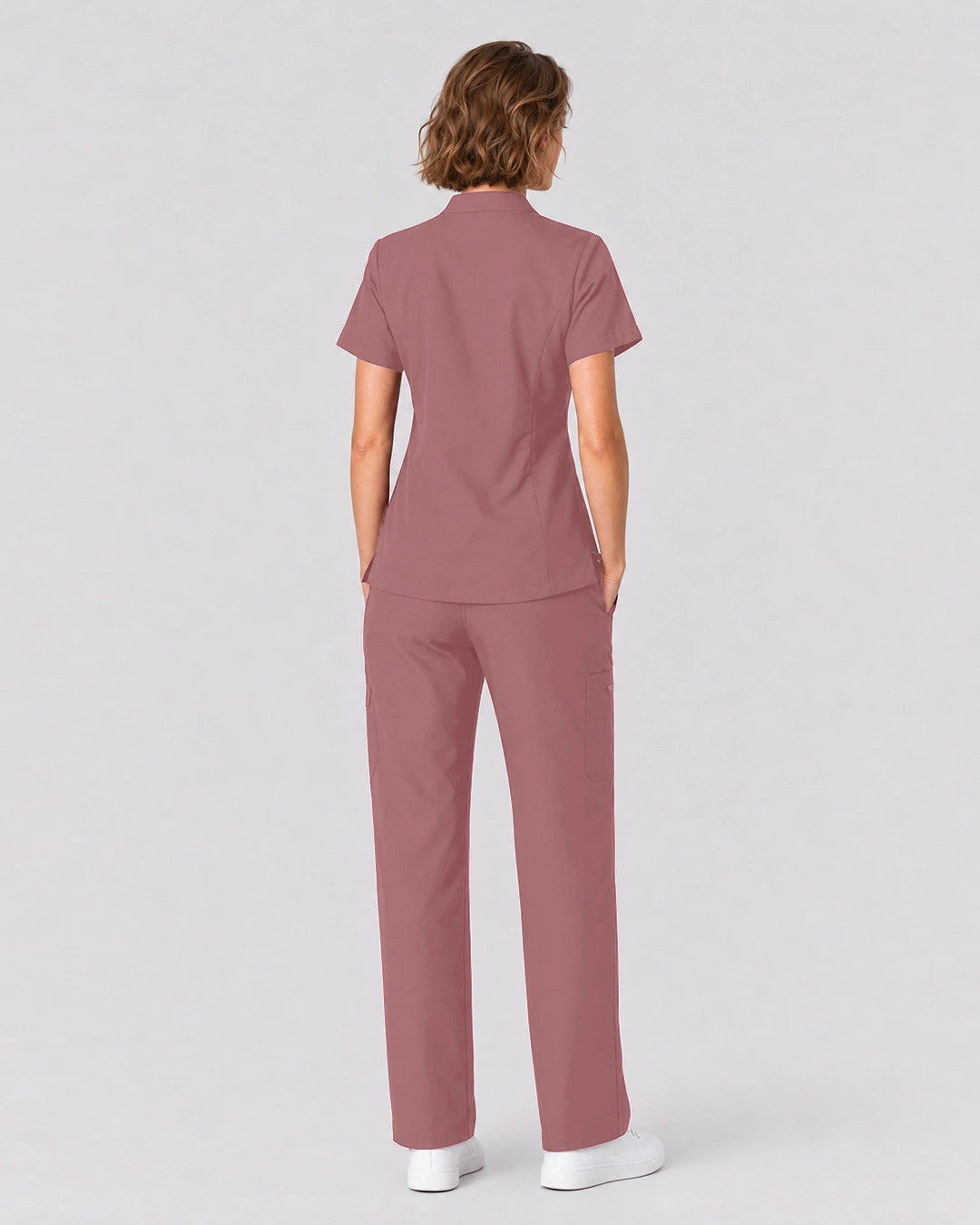 Flesh Pink Eipnare Women's Split V-Neck Tapered Scrub Set - Stretch Medical Scrubs for Women