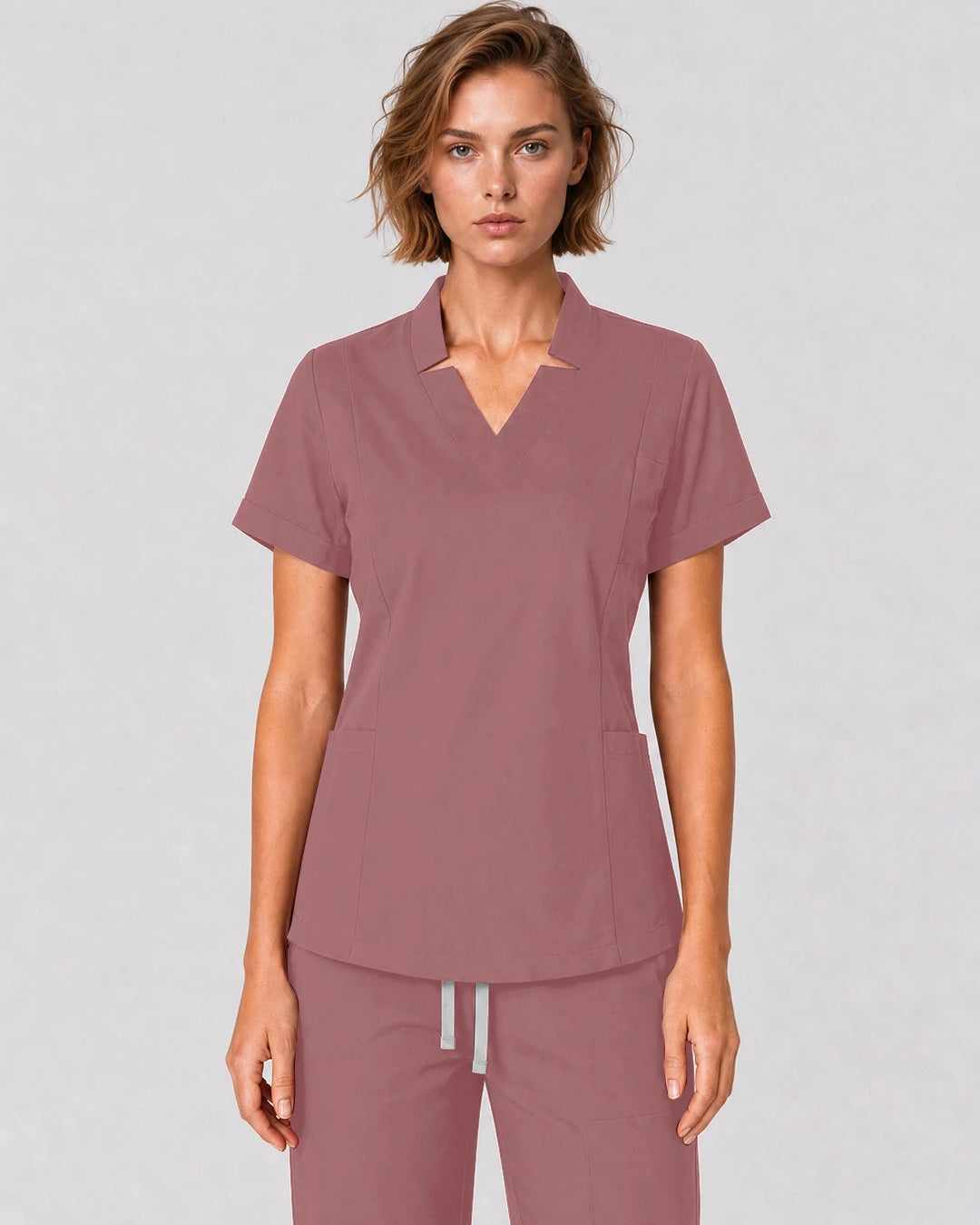 Flesh Pink Eipnare Women's Split V-Neck Tapered Scrub Set - Stretch Medical Scrubs for Women