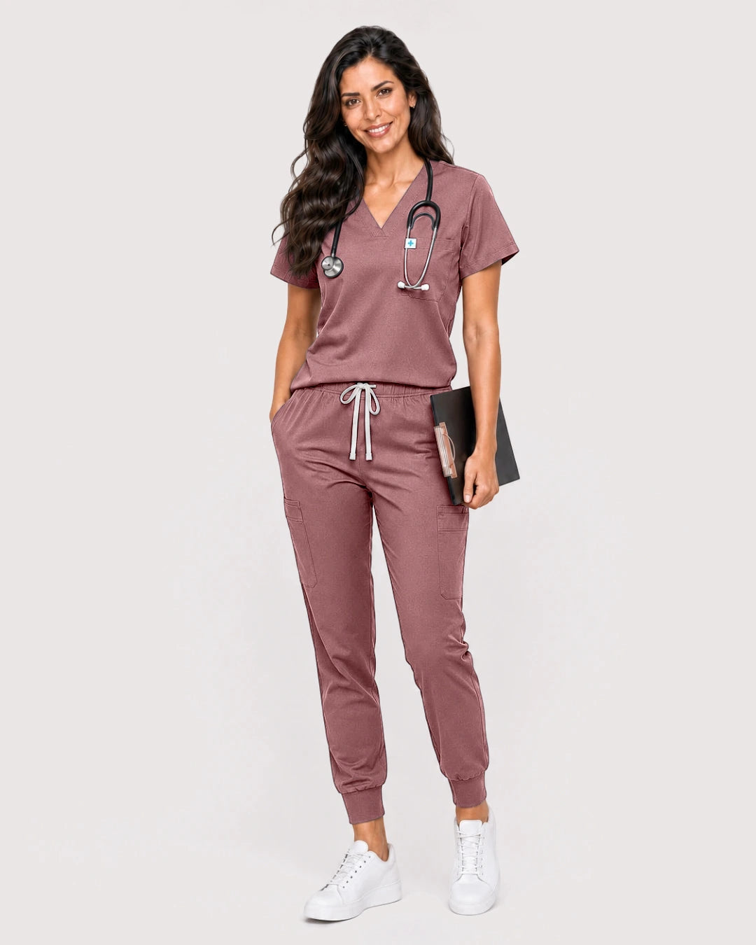 Flesh Pink Eipnare Women's Knit V-Neck Jogger Scrub Set - Stretch Medical Scrubs for Women
